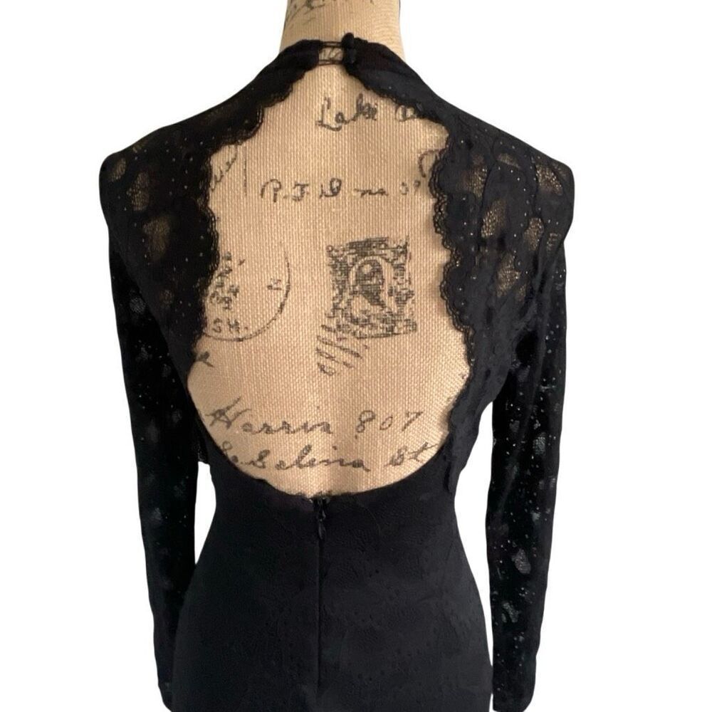 EUC Bebe Lace Long Sleeve High Neck Open Back Bodycon Black Mini Dress XS - Picture 9 of 11